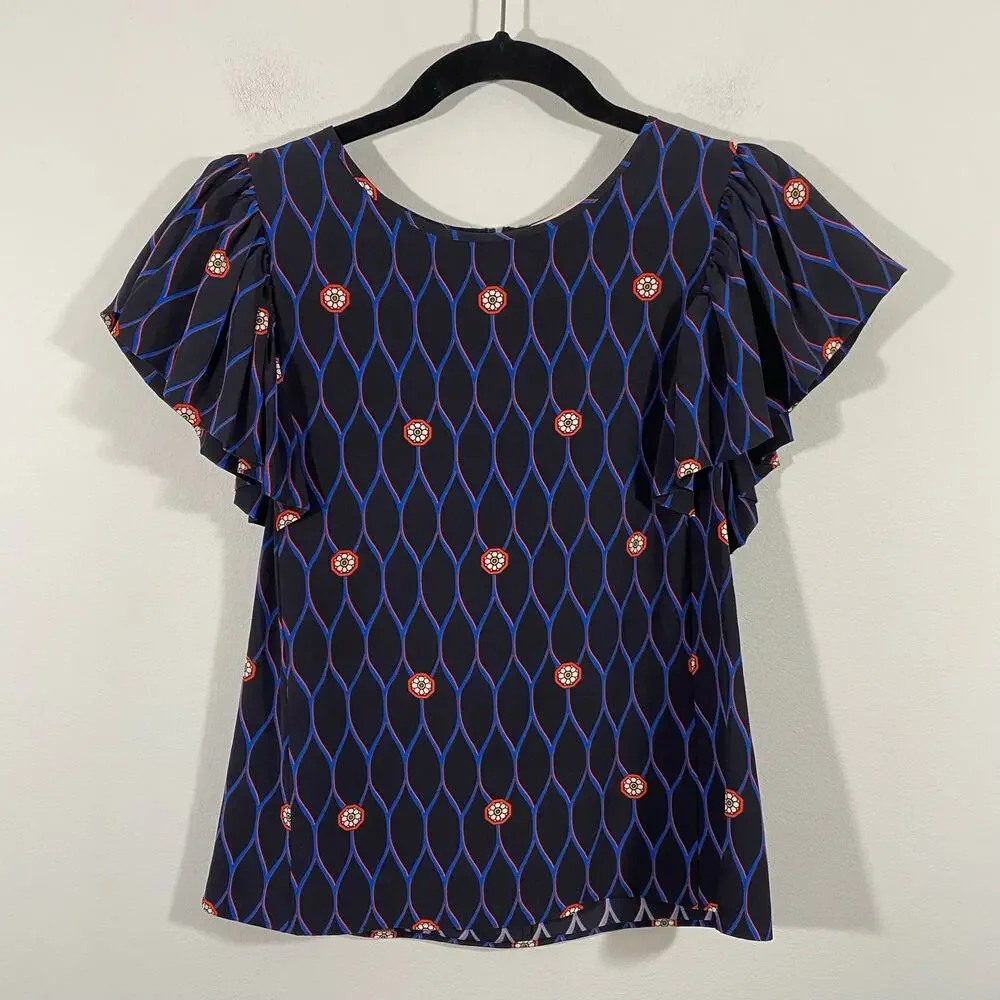 Kenzo x H&M Women's Abstract Print 100% Silk Ruffle Cap Sleeve Blouse Size 2
